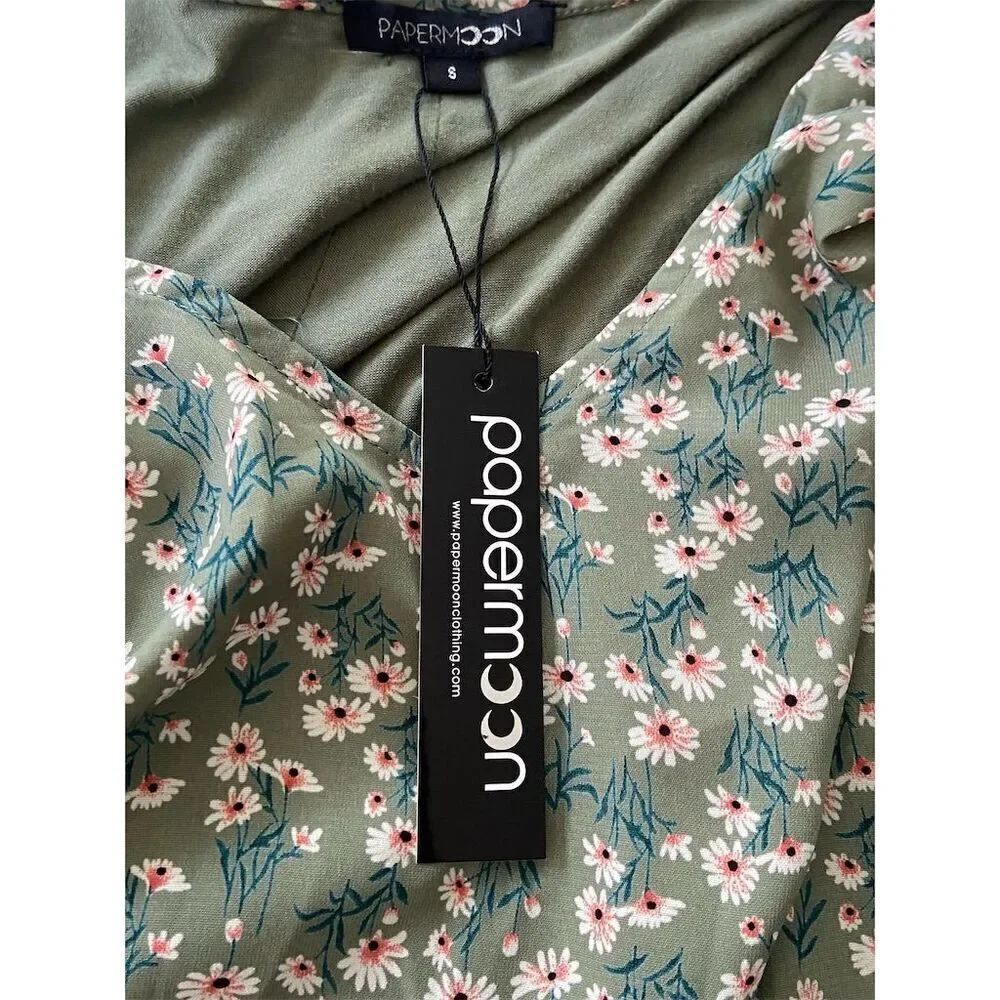 Papermoon Stitch Fix Ellie Green Floral V-Neck Top Size S Cap Sleeve - Picture 6 of 13